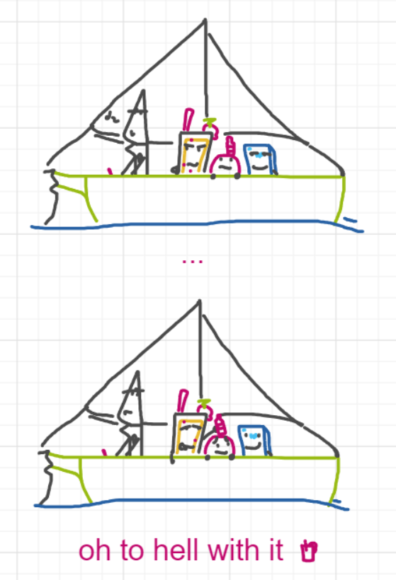 A panel from Ready Oar Knot, episode three of the Board Boards object show by Furretwalk/WalkingFurret.